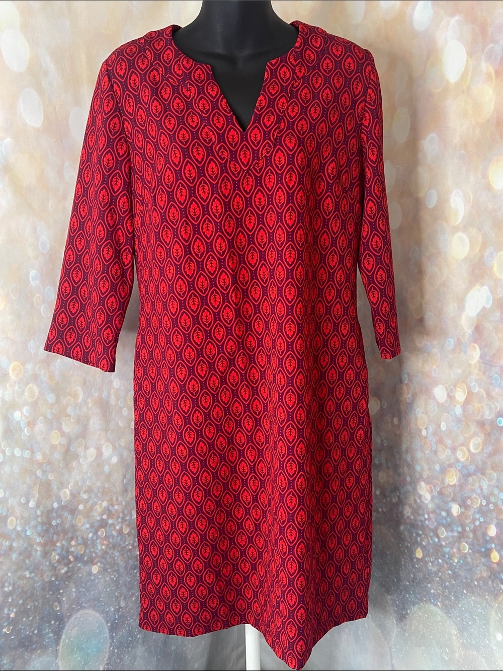 Boden Red Leaf V-Neck Midi Shift Dress Size US 6L